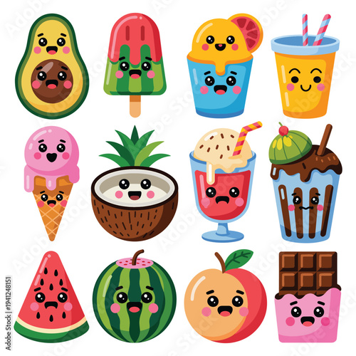 Collection of kawaii food and drinks with happy faces, featuring fruits and desserts.
