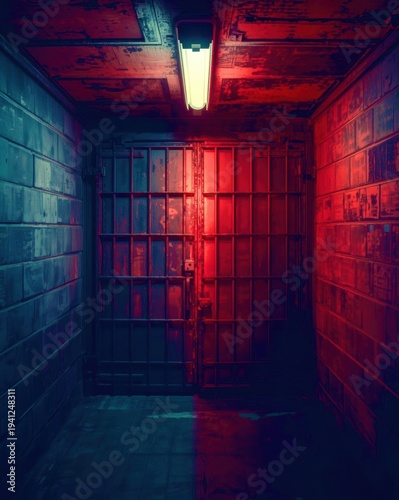 Red light glows over barred jail cell door