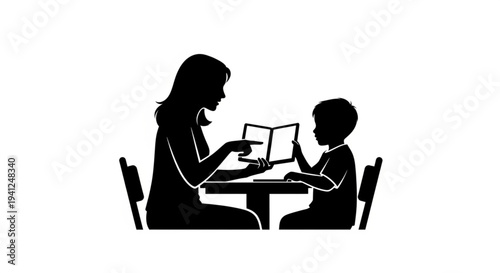 Adult guides child reading, early education focus