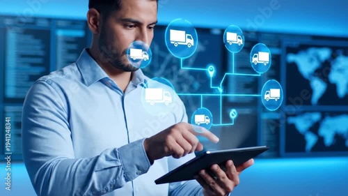 Wallpaper Mural Logistics Manager Tracking Delivery Fleet on Tablet with Global Map and Truck Route Holographic Overlay Torontodigital.ca