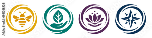 Set of four circular wellness icons with bee, leaf in hand, lotus, and compass. Flat vector collection for spa, ecology, mindfulness, guidance, and holistic lifestyle branding.