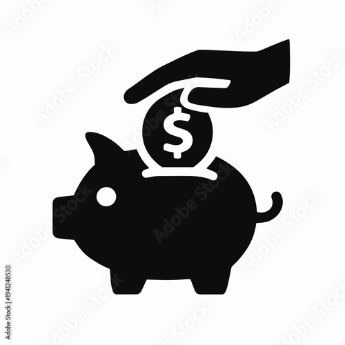 Black icon of a hand dropping a coin into a piggy bank, representing savings, budgeting, finance, donation, money management and investment planning in flat vector style.