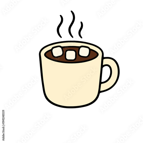 Warm mug of hot cocoa topped with marshmallows and steam in simple flat style. Cozy beverage vector icon for winter menus, cafe branding, seasonal cards and comfort concepts.