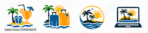 Collection of vacation service icons with cocktail, luggage, tropical badge and laptop. Ideal for travel agency, online booking and summer tourism design.