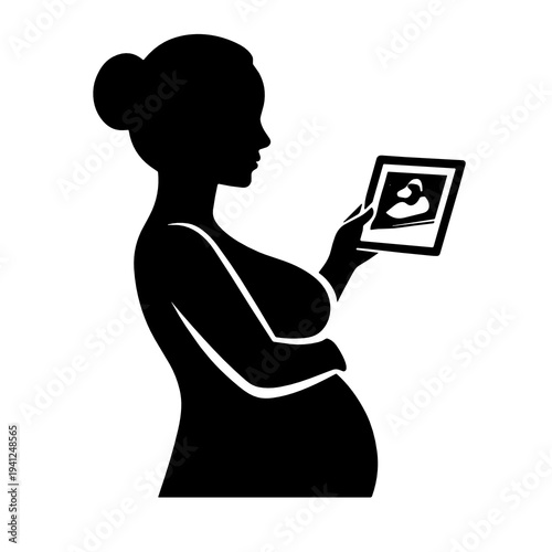 Silhouette of a pregnant woman holding an ultrasound picture and touching her belly. Maternity vector illustration for prenatal care, motherhood, pregnancy announcement and family concept.
