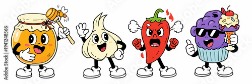 Set of cute food mascots featuring a honey jar, garlic, angry chili and cool blueberry cupcake. Colorful cartoon character collection for menus, branding, stickers and packaging.