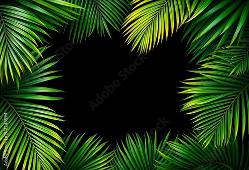 Tropical palm leaves form a vibrant green frame, lush and textured,   leaf texture,   high resolution