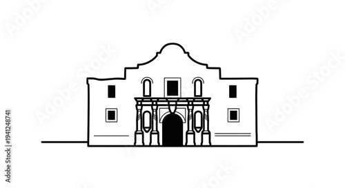 Alamo Mission Facade Line Art Illustration, San Antonio Texas Landmark