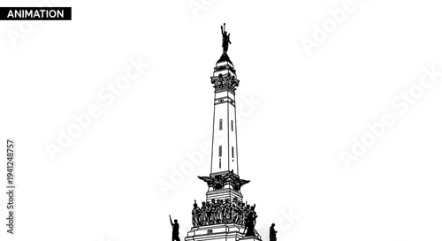 Animated Monumental Column with Statue and Figures in Black and White