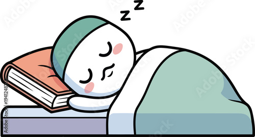 A whimsical illustration of a person sleeping soundly on a pillow, with a book tucked beneath their head