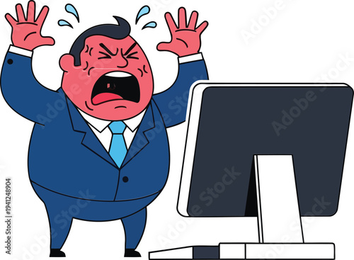 Frustrated businessman shouting beside computer monitor, experiencing technical issues