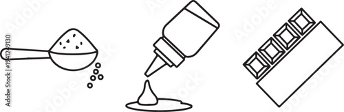 Baking Ingredients: Scoop of Powder Squeeze Bottle Icing Chocolate Bar Vector Icons Isolated on white background