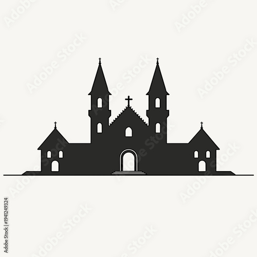 Silhouette of gothic church with spires and cross, representing traditional architecture and religious themes. Useful for discussions on spirituality or community.
