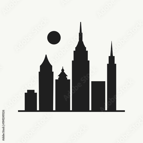 City skyline silhouette with various architectural styles and a sun. Represents urban landscapes, architecture, and city life. Useful for discussions on urban development and design.