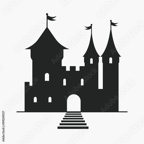 Silhouette of a medieval castle with towers and flags, featuring a grand staircase leading to an arched entrance. This design embodies themes of fantasy architecture, history, and storytelling.