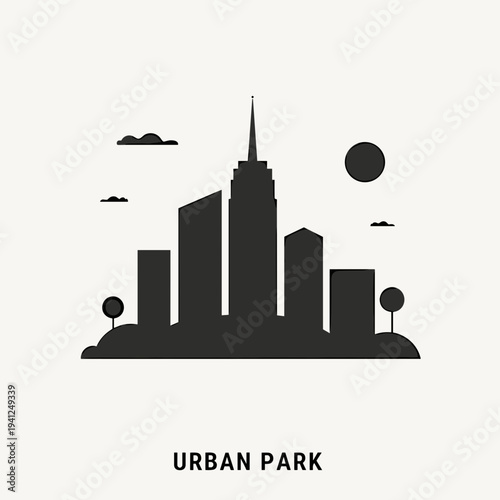 Urban park silhouette with city skyline and trees, ideal for themes of urban development, landscape architecture, or outdoor recreation. Useful for articles on city planning and green spaces.