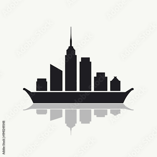 City skyline silhouette on boat with reflection, representing urban life, transportation, and modern architecture. Useful for themes related to city living, travel, or urban planning.