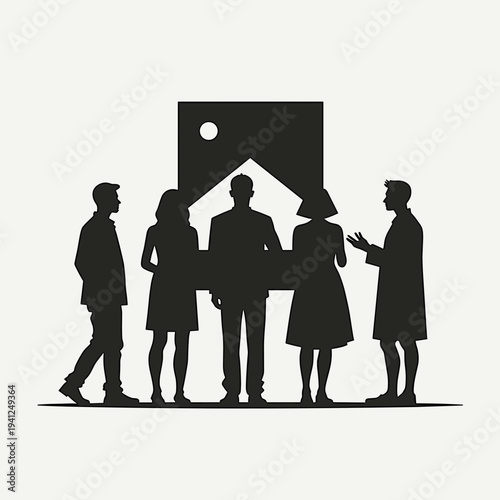 Group of business professionals discussing project in front of large screen. Concept of teamwork, collaboration, and creative brainstorming. Useful for articles on business strategy and communication.