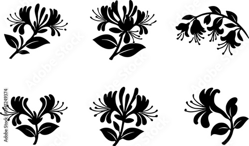 6 Premium Black Honeysuckle Flowers Icons - Wedding & Botanical Graphic Elements. Vector Illustration. Design Element. Clip art. Suitable for artwork design. Editable for any design.