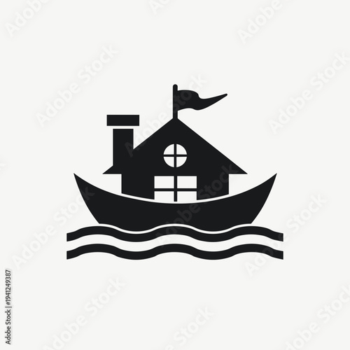 Houseboat icon featuring a home on a boat with waves below, representing concepts of leisure, travel, and water living. Useful for topics focused on vacations, boating, or unique living experiences.