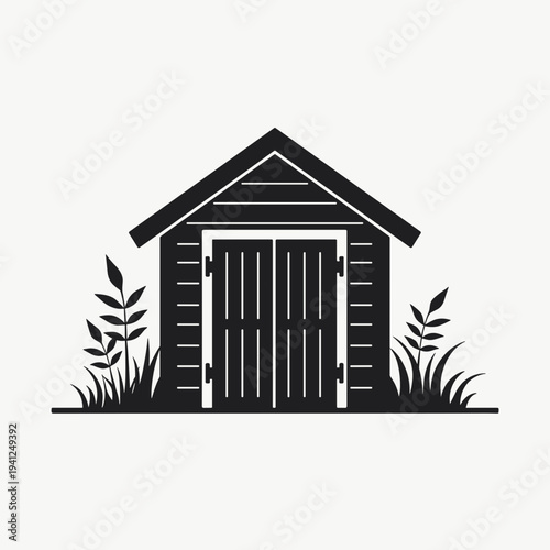 Simple illustration of wooden shed surrounded by grass and leaves, concept of rural lifestyle, gardening, or outdoor storage solutions.