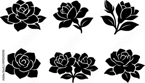 6 Premium Black Gardenia Flowers Icons - Wedding & Botanical Graphic Elements. Vector Illustration. Design Element. Clip art. Suitable for artwork design. Editable for any design.