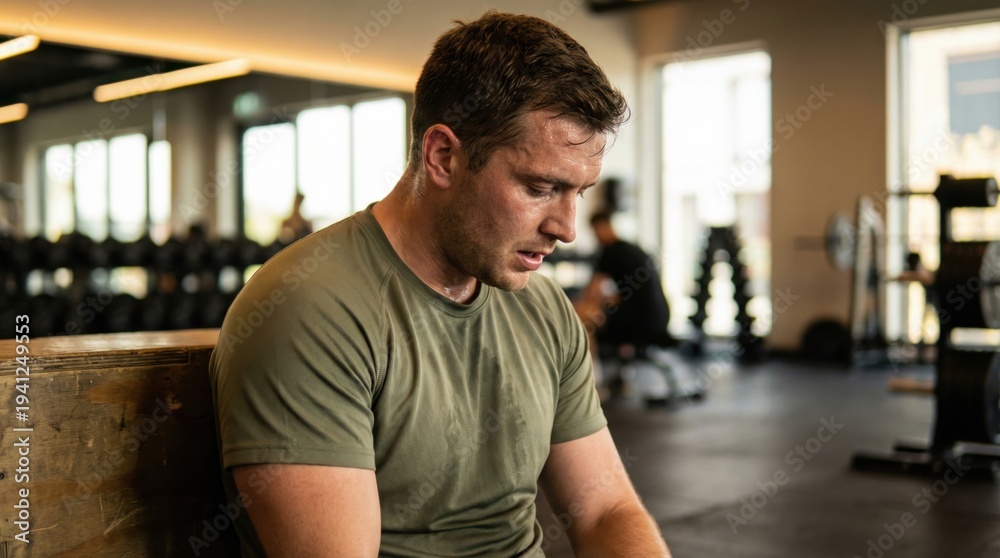 Obraz premium Caucasian man resting after intense workout at the gym, sweating and looking down. Fitness and healthy lifestyle concept. Mental and physical health.