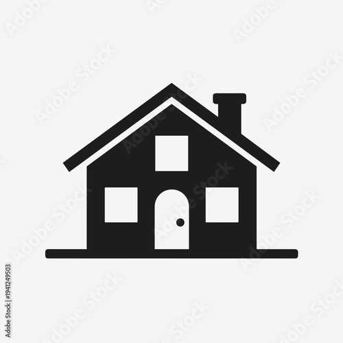 Simple black house icon with a chimney and windows. Represents home, architecture, or residential themes. Useful for real estate, home improvement, or interior design concepts.