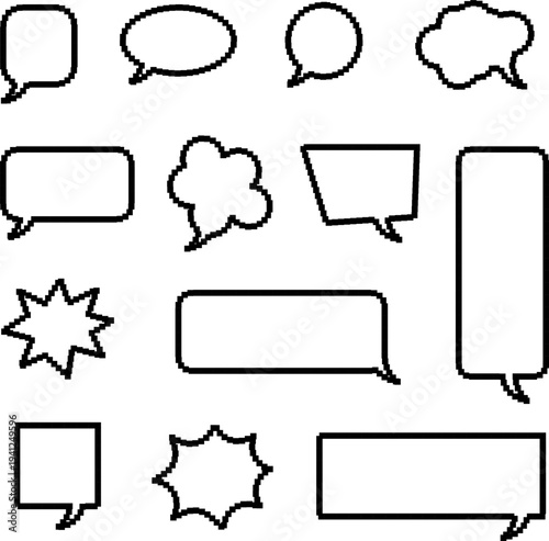 Pixel text boxes. Empty pixelated frame collection. Retro 8 bit border speech chat bubble, shape pack, message, talk balloon.