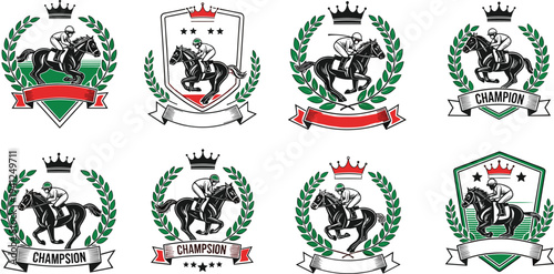 Set of vintage horse racing champion labels and emblems featuring a jockey riding a horse surrounded by laurel wreaths and crowns.