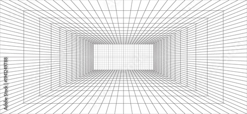 Room projection grid in futuristic 3d style. Outline futuristic grid background, room projection. Wireframe grid template in perspective view
