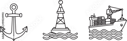 Nautical Icons: Anchor Buoy and Cargo Ship with Crane Isolated on white background