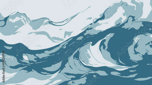 Vector serene oceanic vista, with stylized capturing the mesmerizing rhythm of cresting waves and rugged mountain peaks.