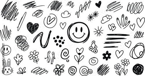 Hand Drawn Doodle Icons with Smiley Faces and Hearts on White Background