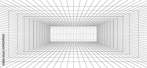 Room projection grid in futuristic 3d style. Outline futuristic grid background, room projection. Wireframe grid template in perspective view