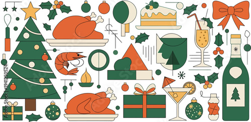 Christmas Tree Decorations with Roasted Turkey and Gifts on White