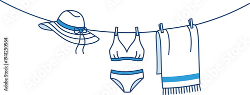 Blue Swimsuit Towel Hat Hanging on Clothesline