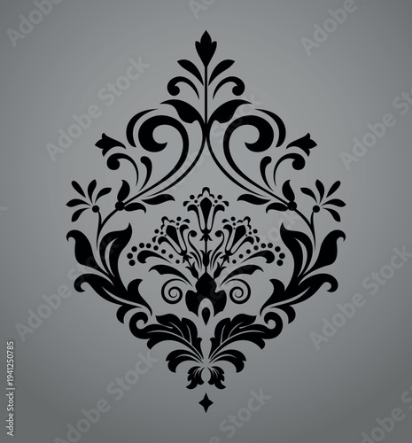 Damask graphic ornament. Floral design element. Black and gray vector pattern