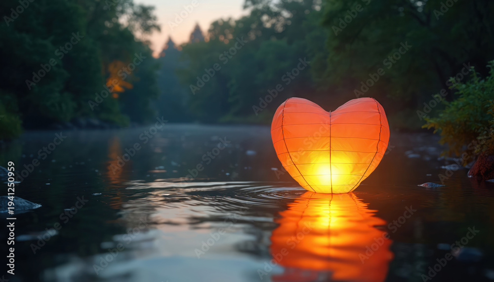 Fototapeta premium Heart shaped lantern floats on calm river water at dusk. Glowing light reflects on surface. Nature surrounds peaceful scene. Water lantern drift.