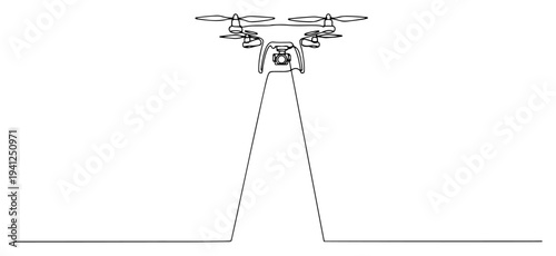 Minimalist continuous line art of a drone flying with light beams or scanning sensors