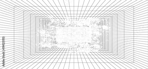 Room projection grid in futuristic 3d style. Outline futuristic grid background, room projection. Wireframe grid template in perspective view