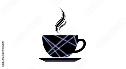 Steaming Hot Coffee Cup with Modern Geometric Pattern on Saucer, Isolated