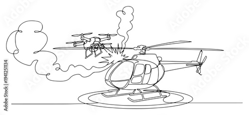 One line art illustration of a kamikaze drone striking a military helicopter on a helipad with smoke