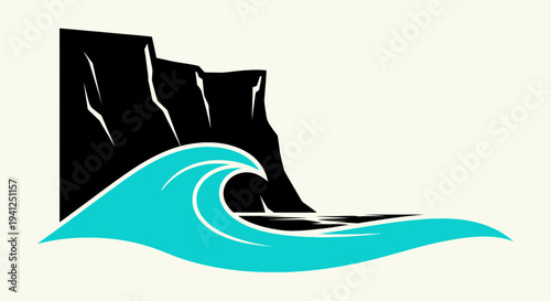 Stylized Ocean Wave Crashing Against Black Cliffs, Coastal Landscape