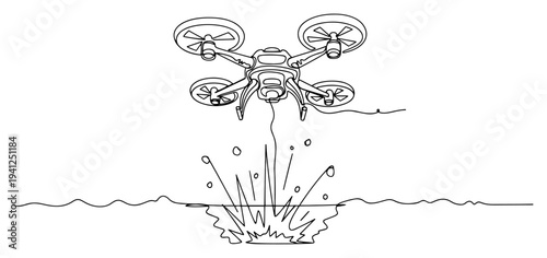 Minimalist one line vector of a quadcopter drone dropping an explosive into water with a splash