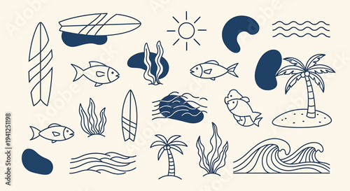 Photography Beach Surfing Icons with Fish, Palm Trees, and Waves