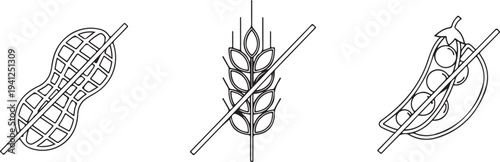 Allergen Free Icons: Peanut Wheat and Pea Symbols Crossed Out Isolated on white background