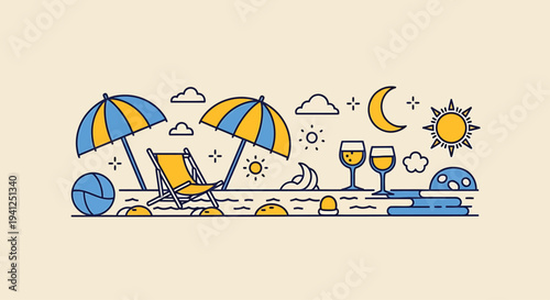 Beach Vacation Icon Set with Umbrellas and Drinks