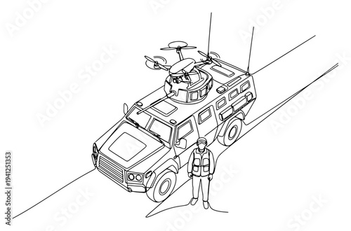 One line drawing of an armored military vehicle with a tactical uav drone and operator