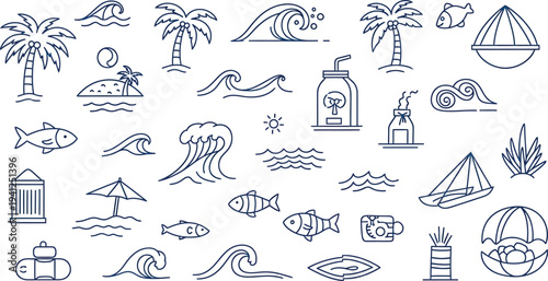 Beach Vacation Icons with Palm Trees, Waves, Fish and and Sailing Boats